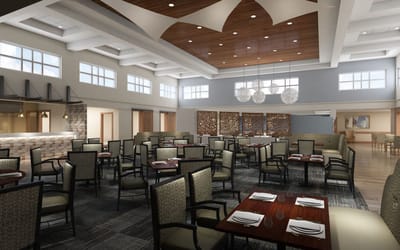 Bright dining room with modern decor and tables