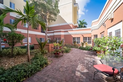 Beautiful outdoor garden area with pathways and seating