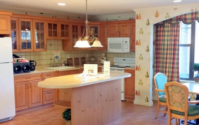 Bright kitchen area with wooden cabinets and appliances