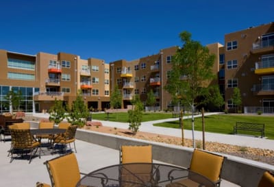 Outdoor view of a senior living community with landscaping