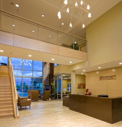 Interior view of the facility lobby with reception area