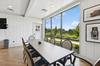 Conference room with large windows and modern decor