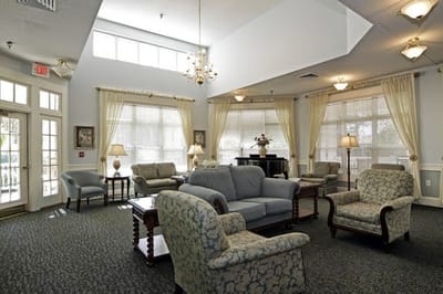 Interior common area with seating and natural light