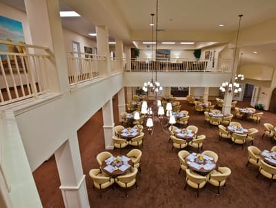Interior view of the dining room with circular tables