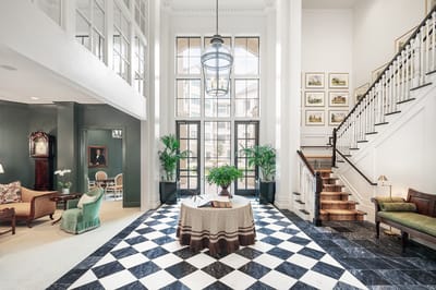 Bright lobby area with elegant decor and natural light