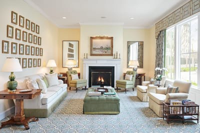 Cozy common area with seating and a fireplace