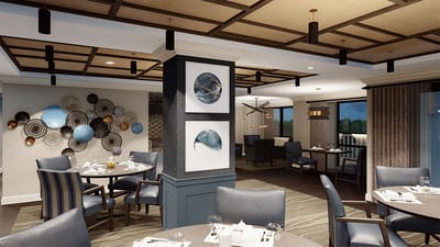 Elegant dining area with tables and artwork
