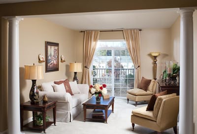 Bright living room area of a senior community