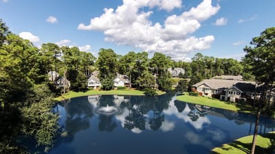 Aerial view of a serene pond surrounded by trees and homes