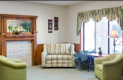 Cozy common area with seating and decorative elements