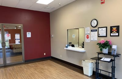 Front lobby of a senior care facility with a reception area