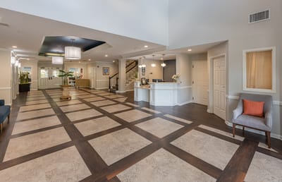 Spacious interior lobby with seating and reception area