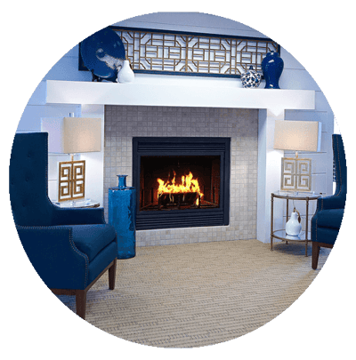 Cozy interior space with a fireplace and seating