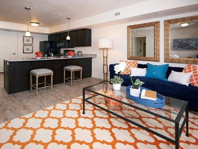 A bright and modern interior apartment kitchen and living area