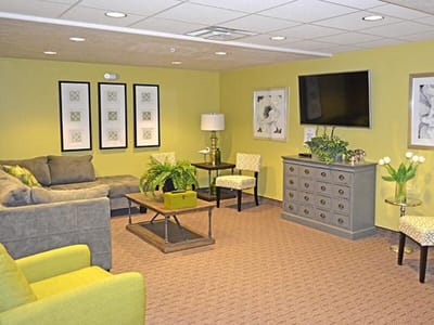 Cozy common area with seating and decorative plants