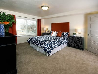 Brightly decorated private resident room with a view