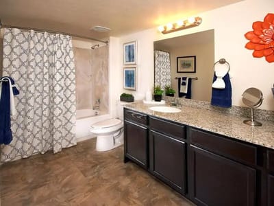 Brightly decorated bathroom with modern fixtures