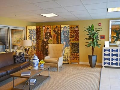 Interior view of a common area with seating and decor