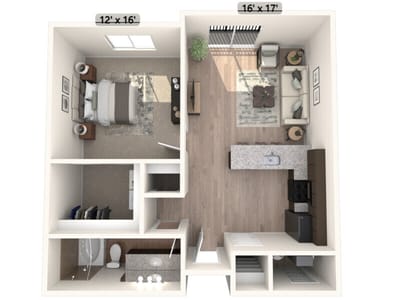 Architectural floor plan of a one-bedroom unit