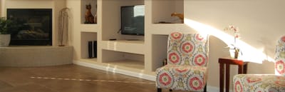 Bright interior common area with decorative chairs