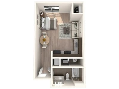 A floor plan of a resident room with furnishings