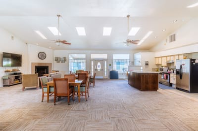 Bright communal living space in the senior facility