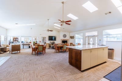 Common area with seating and dining tables in a bright space