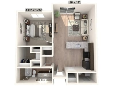 Architectural floor plan of a one-bedroom unit