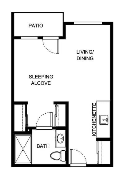 Architectural floor plan of a studio unit with kitchenette