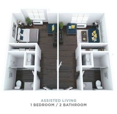 Architectural floor plan of a one-bedroom assisted living unit