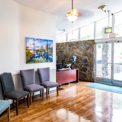 A bright interior view of the facility's lobby area