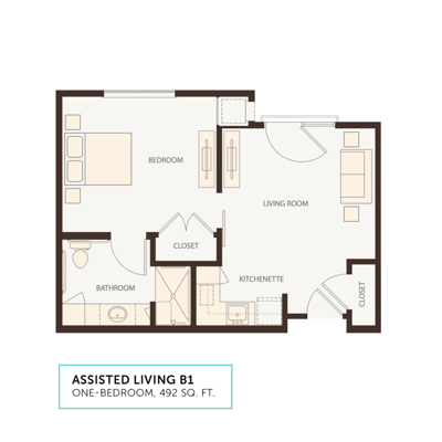Architectural floor plan of a one-bedroom unit