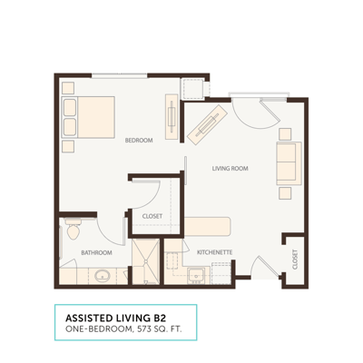Architectural floor plan of a one-bedroom assisted living unit
