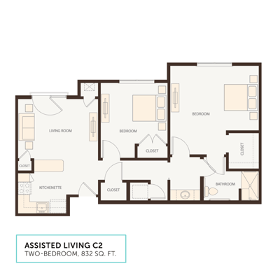 Architectural floor plan of a two-bedroom assisted living unit