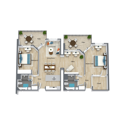 Architectural floor plan of a two-bedroom unit layout