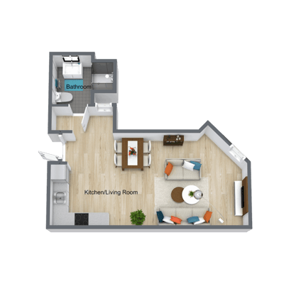 Architectural floor plan of a kitchen/living room layout