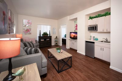 Bright interior of a resident living room with furniture