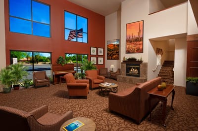 Interior view of a common area with seating and decor