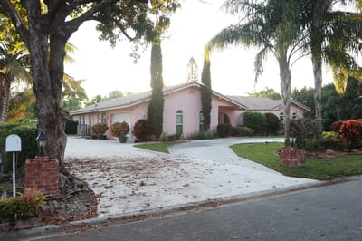 Exterior view of a pink building surrounded by greenery