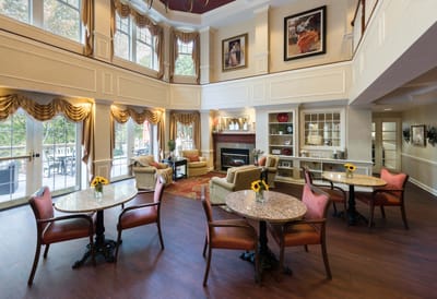 Bright and welcoming common area with seating and decor