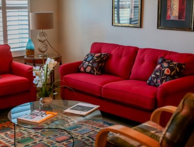 Cozy living room area with red sofas and decorative accents