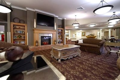 Cozy common area with seating and fireplace