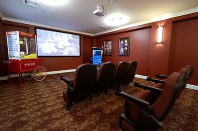 Interior of a cozy movie theater with seating