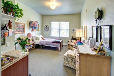 Private resident room with cozy decor and natural light