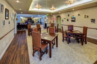 Dining area with wooden tables and decorations
