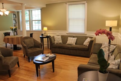 Bright and inviting common area with seating