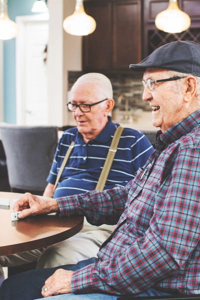 Two seniors playing a game in a common area