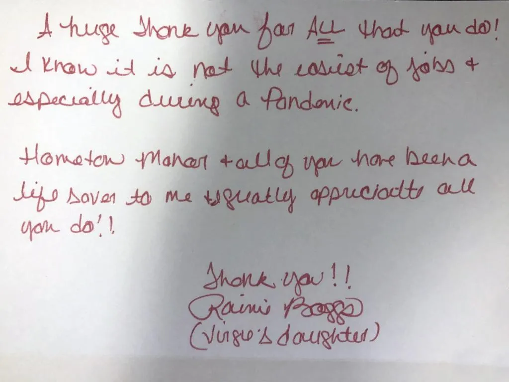 Handwritten thank you note expressing gratitude