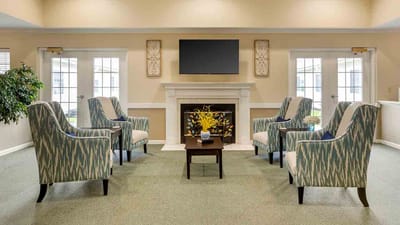 Bright common area with seating and decor