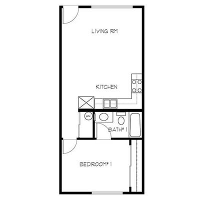 Architectural floor plan of a one-bedroom unit
